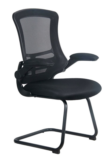 View Black Mesh Office Visitor Chair Black Breathable Mesh Backrest Deeply Padded Black Fabric seat Black Steel Cantilever Frame Foldable Arms information