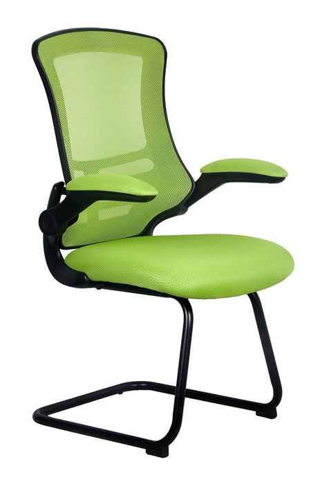 View Green Mesh Office Visitor Chair Green Breathable Mesh Backrest Deeply Padded Green Fabric seat Black Steel Cantilever Frame Foldable Arms information