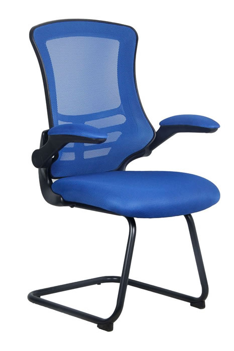 View Blue Mesh Office Visitor Chair Blue Breathable Mesh Backrest Deeply Padded Blue Fabric seat Black Steel Cantilever Frame Foldable Arms information