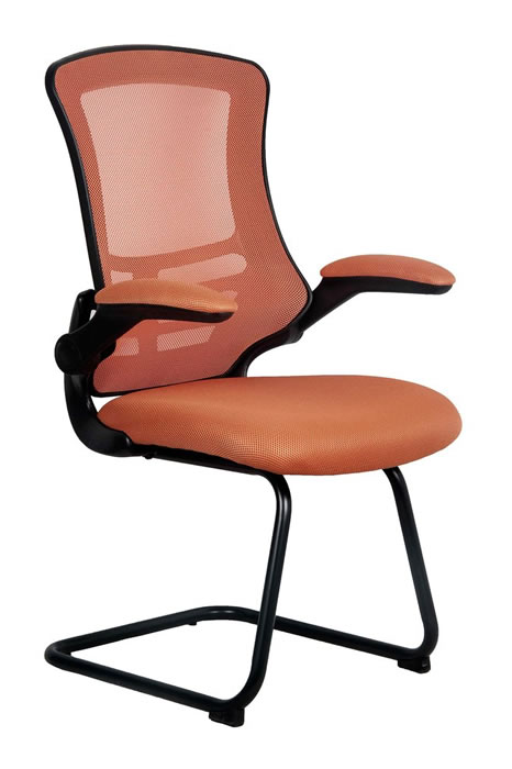 View Orange Mesh Office Visitor Chair Orange Breathable Mesh Backrest Deeply Padded Orange Fabric seat Black Steel Cantilever Frame Foldable Arms information