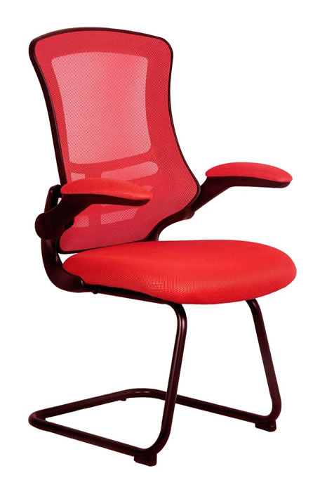 View Red Mesh Office Visitor Chair Red Breathable Mesh Backrest Deeply Padded Red Fabric seat Black Steel Cantilever Frame Foldable Folding Arms information
