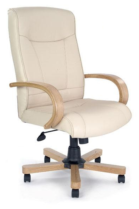 View Knightsbridge Cream Leather Office Chair Light Oak Coloured Wooden Arms Base Tilt Lock Reclining Chair Executive Office Chair information