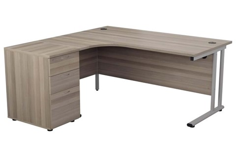 Kestral Grey Oak Corner Desk And Pedestal - Left handed Silver 1600mm