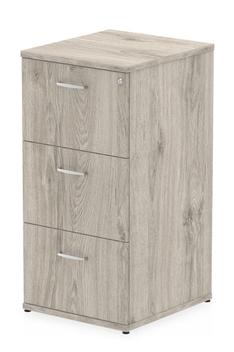 View Grey Oak Finish Wooden Three Drawer Filing Chest Cabinet Fully Extending Drawers Anti Tilt Mechanism Scratch Resistant Surface Gladstone information