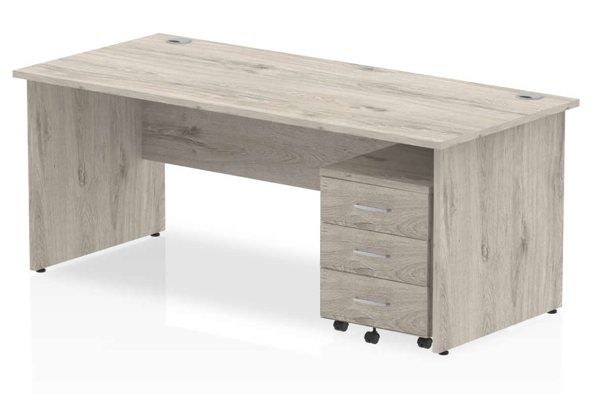 View Grey Oak Rectangular Panel End Office Desk 3 Drawer Pedestal Storage Drawers 1400mm x 800mm Fully Locking Drawers 2 Cable Ports Gladstone information