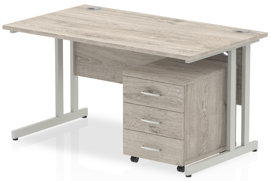 View Grey Oak Rectangular Office Desk 3 Drawer Pedestal 1400mm Wide Gladstone information