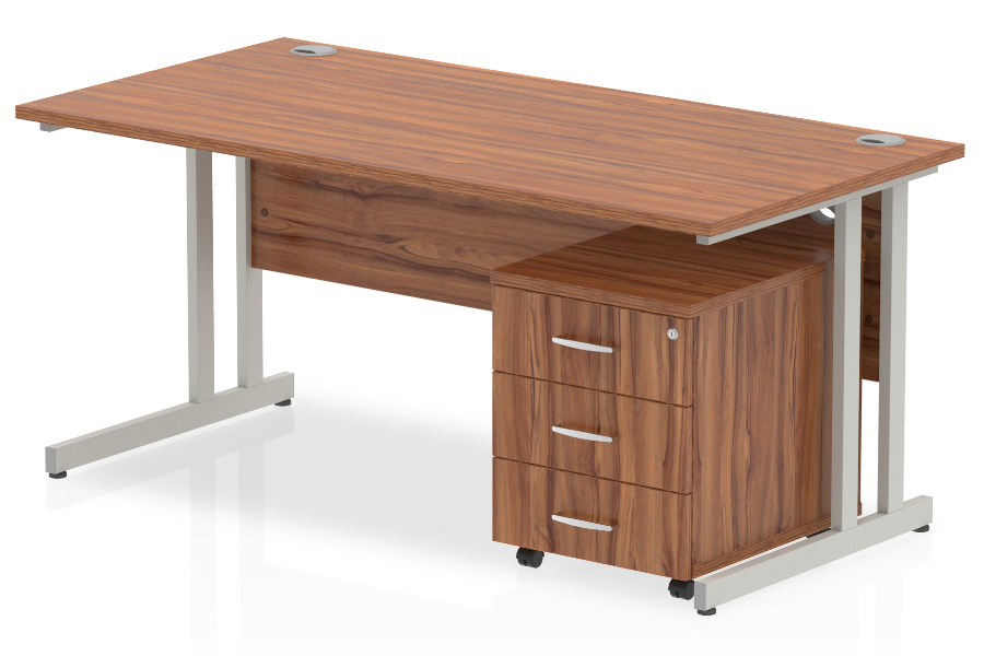 View Walnut Rectangular Cantilever Office Desk 3 Drawer Pedestal Combo 1200 1400 1600 or 1800mm Wide Nova information