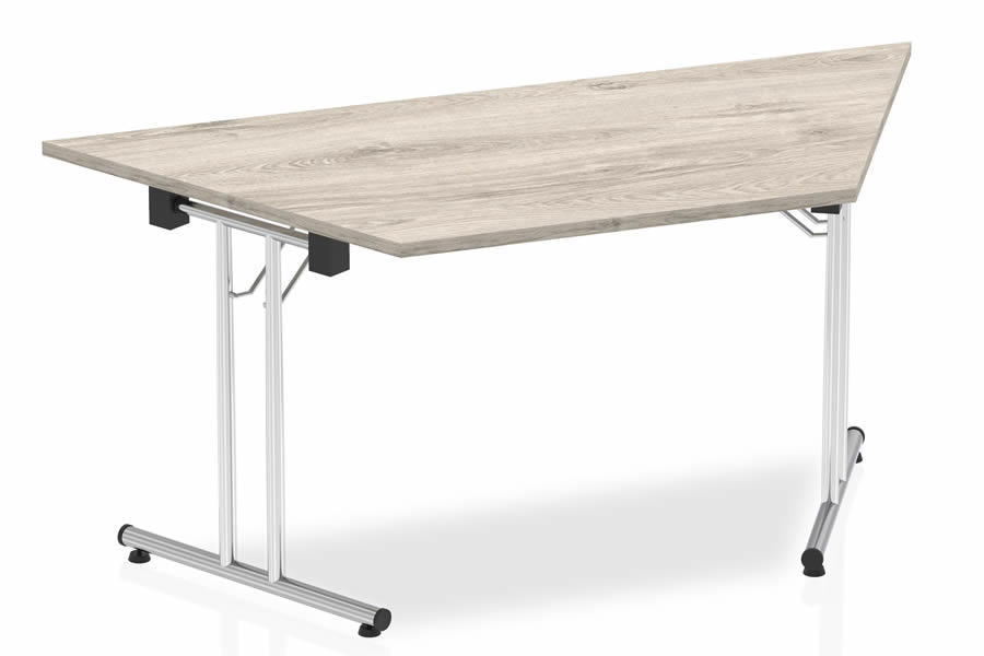 View Grey Oak 160cm Trapazoidal MultiPurpose Meeting Table With Folding Legs Chrome Base Folds For Storage Scratch Resistant Top Gladstone information