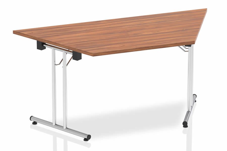 View Walnut Finish Trapezium Shaped Folding Meeting Office Table 25mm Scratch Resistant Top Folding Chrome Base For Easy Storage information