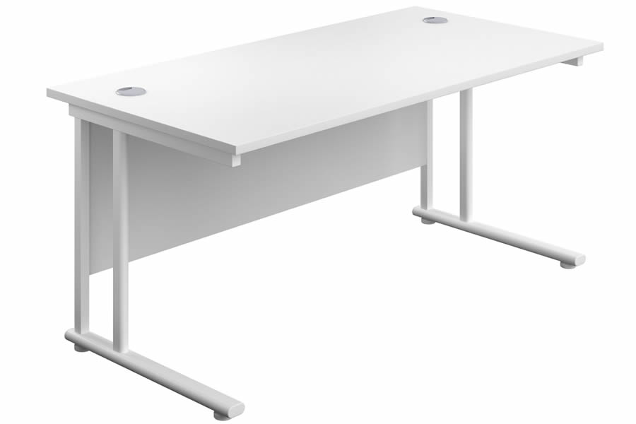 View 160cm x 80cm White Rectangular Straight Office Desk Two Cable Management Access Points White Cantilever Frame Leg 5 Year Guarantee Kestral information