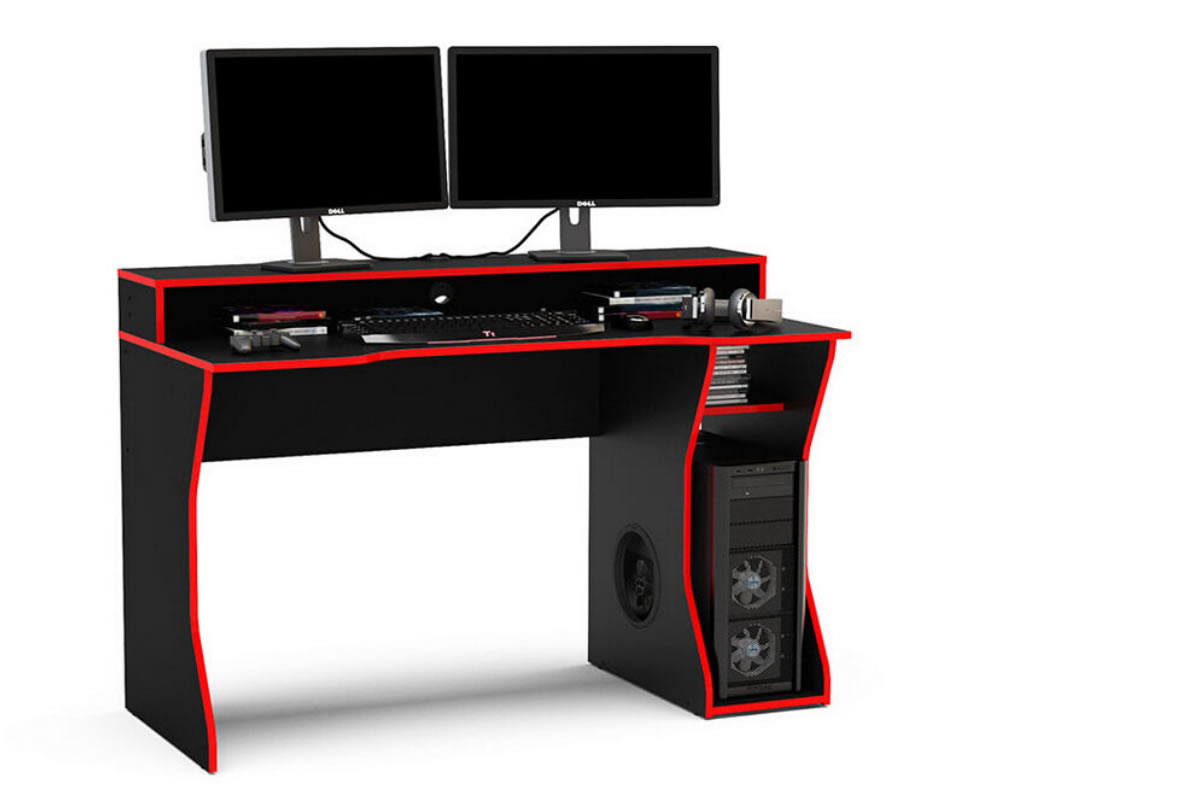 View Enzo Black Red Gaming Computer Desk Large Top Shelf Fits 2 Monitors Large Console Tower Compartment Wipe Clean Surface With Red Outline Detail information