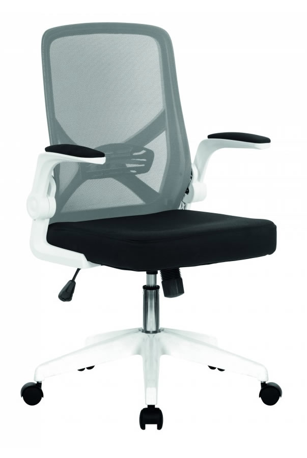 View Oyster Grey Mesh Folding Back Office Chair Folding Padded Arms Height Adjustable Seat White Modern Frame Lumbar Panel Easy Glide Wheels information