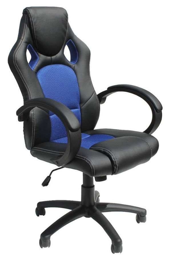 View Black And Blue Faux Leather Gaming Chair Modern Deeply Padded Chair Padded Loop Armrests Easy Glide Wheels Daytona information