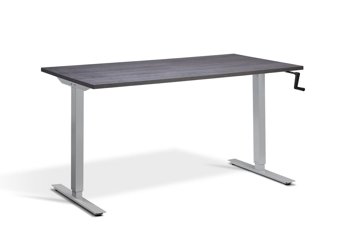 View Rectangular Standing Height Adjustable Desk 1600mm x 800mm Anthracite Sherman Oak Top Silver Frame Solo information