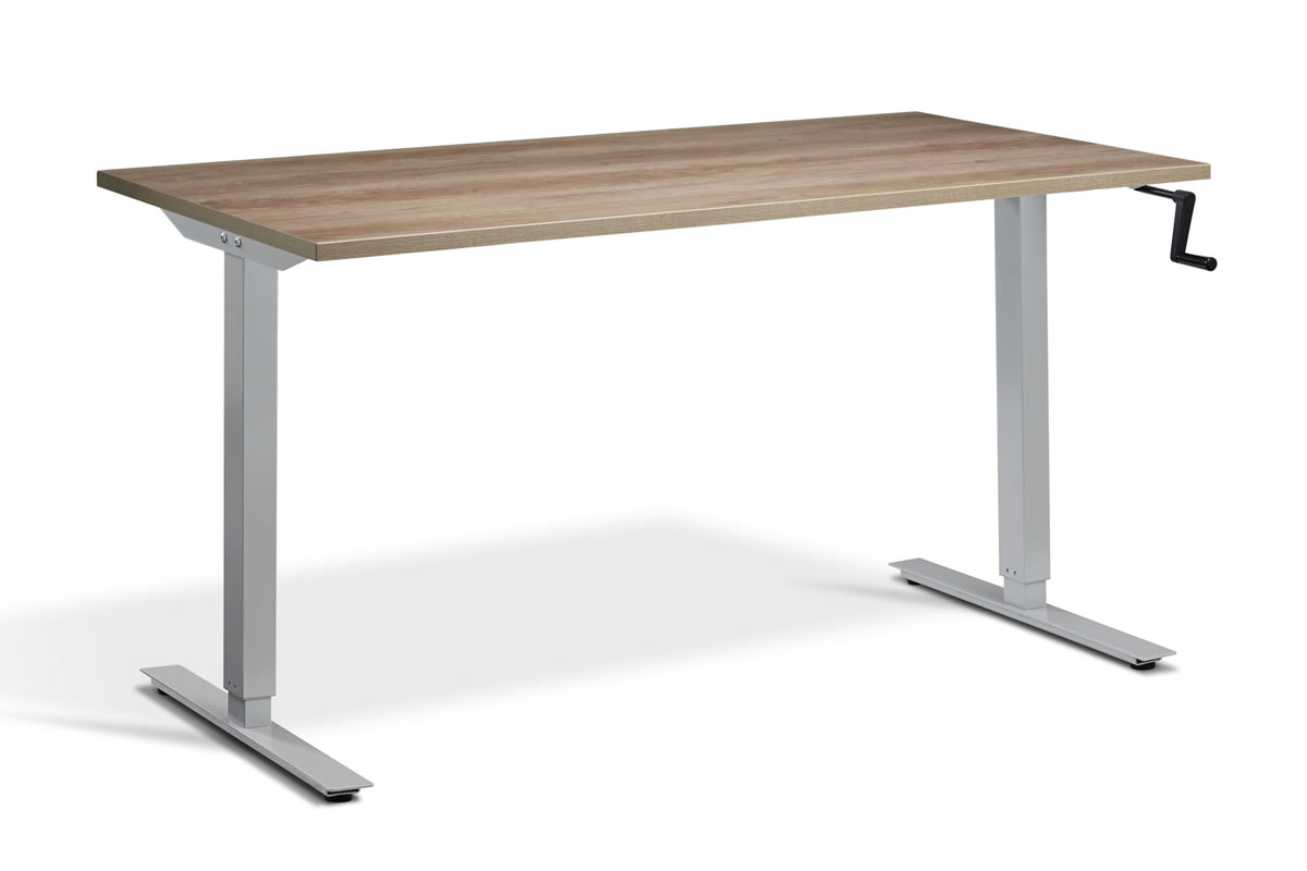View Rectangular Standing Height Adjustable Desk 1400mm x 800mm Grey Nebraska Oak Top Silver Frame Solo information