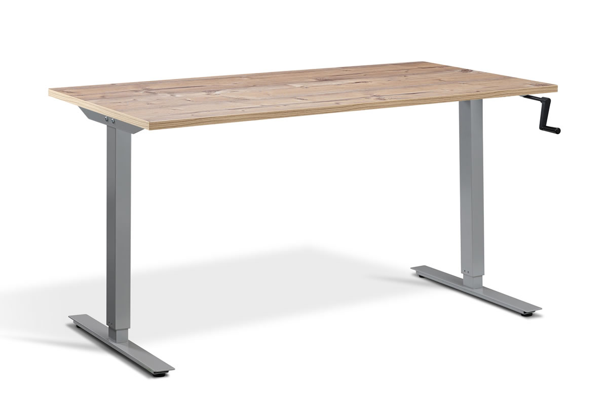 View Rectangular Standing Height Adjustable Desk 1400mm x 800mm Antique Pine Top Silver Frame Solo information