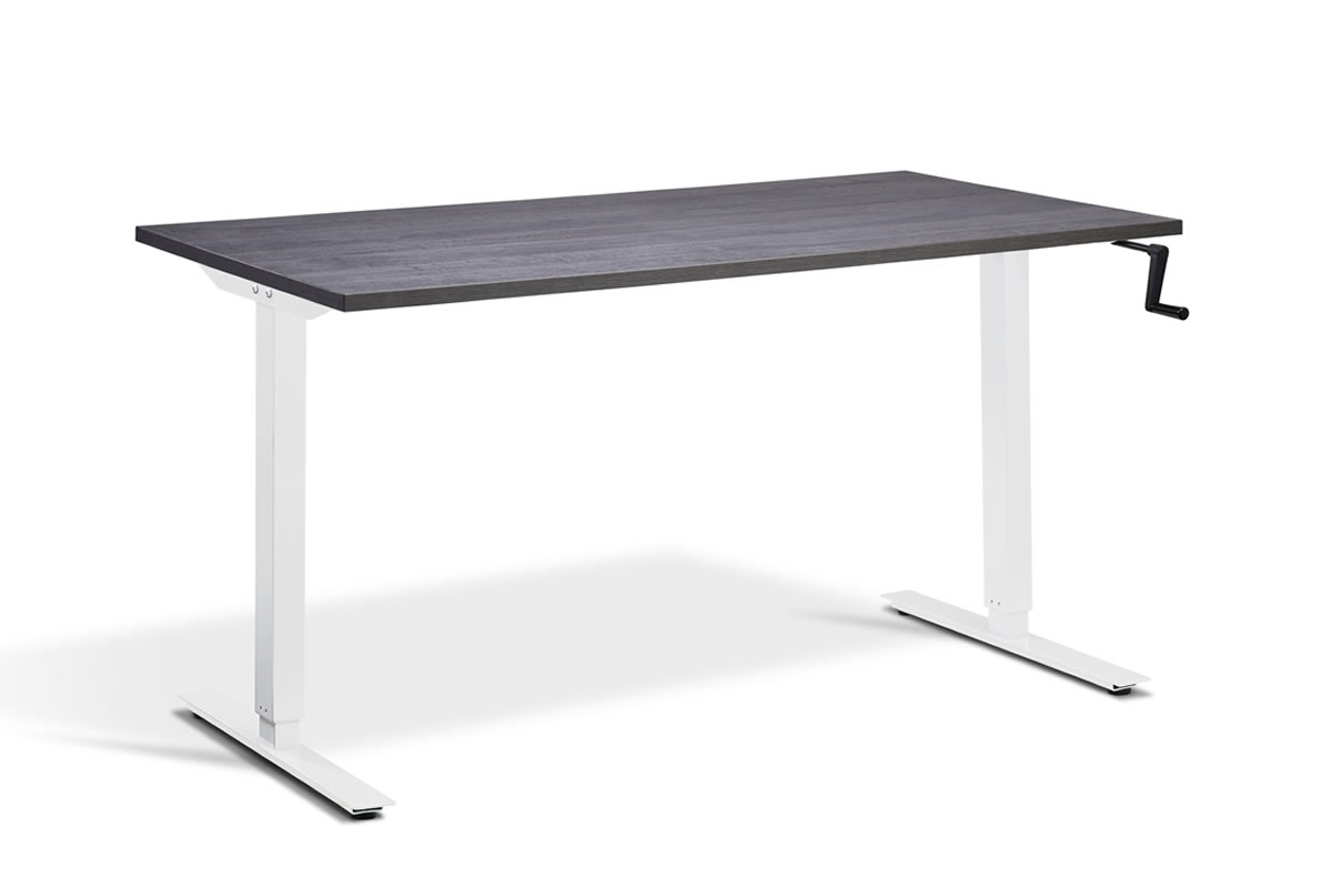View Rectangular Standing Height Adjustable Desk 1400mm x 800mm Anthracite Sherman Oak Top White Frame Solo information