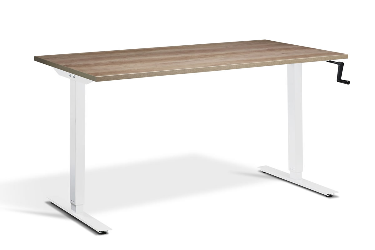 View Rectangular Standing Height Adjustable Desk 1400mm x 800mm Grey Nebraska Oak Top White Frame Solo information