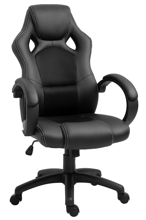 View Black Faux Leather Gaming Chair Modern Deeply Padded Chair Padded Loop Armrests Easy Glide Wheels Daytona information