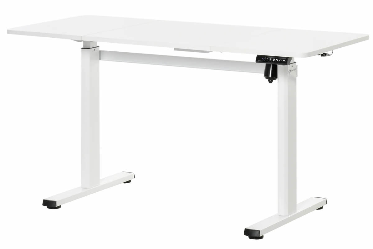 View Electric Height Adjustable Rectangular White Office Desk 4 Height Settings 140cm x 60cm Scratch Resistant Top Surface White Steel Robust Legs information