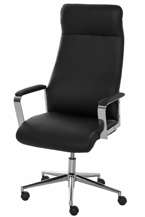 View Black Leather High Back Office Chair Seat Height Back Recline Adjustment Padded Chrome Arms Chrome Base With Easy Roll Wheels Manhattan information