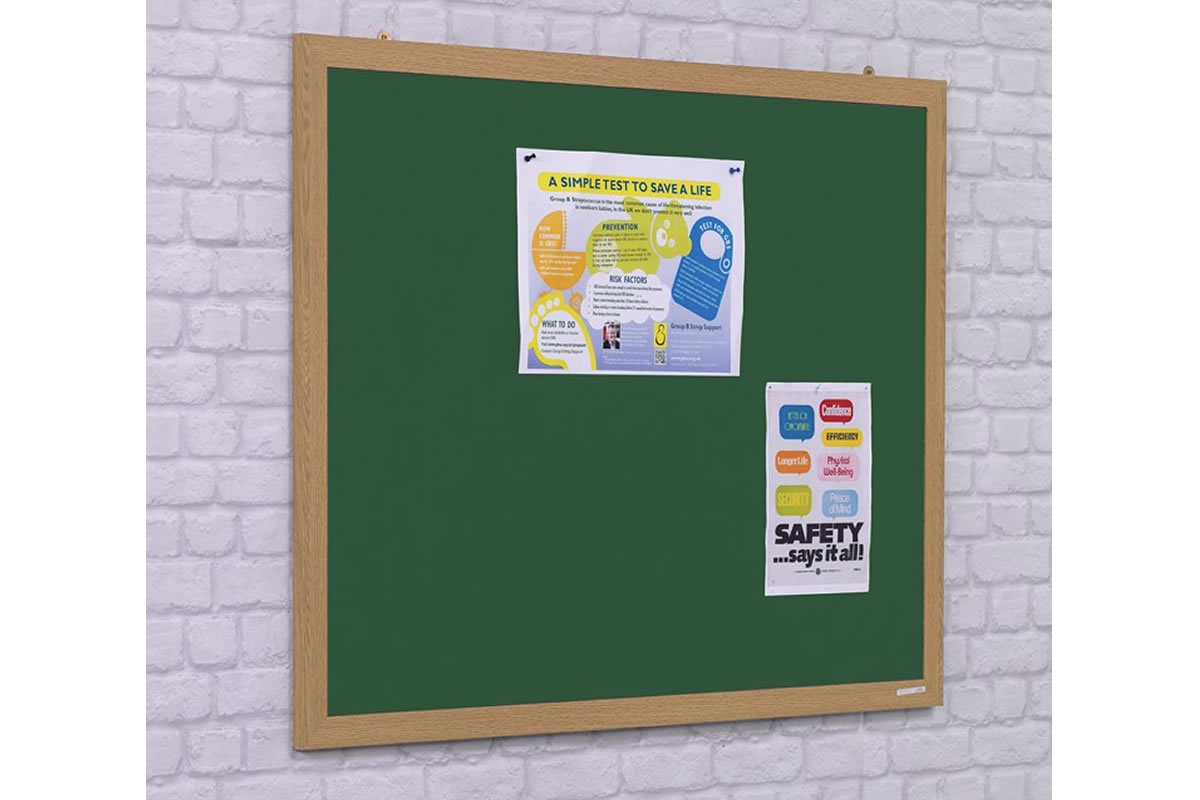 View Green Noticeboard With Wood Effect Frame Coloured Felt Surface 2400mm x 1200mm 2Year Guarantee Wall Fittings Included Recycled Material information