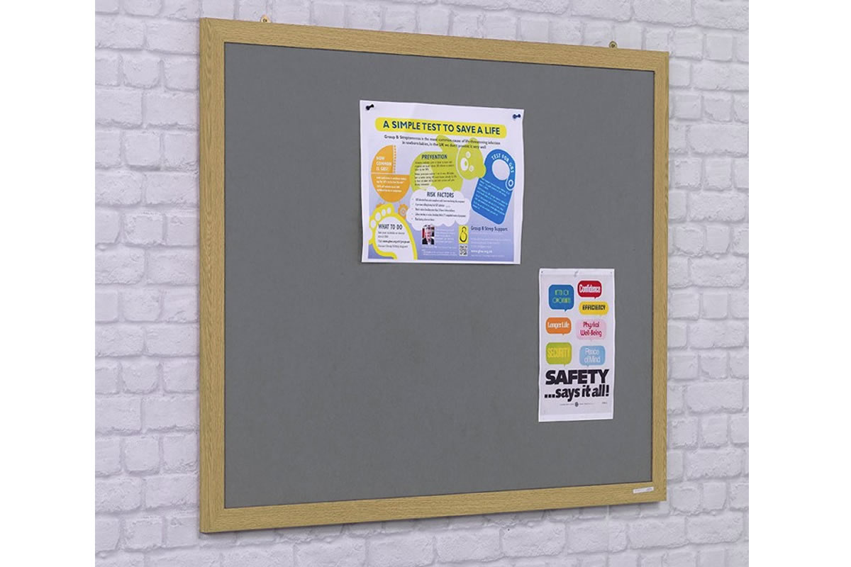 View Grey Noticeboard With Wood Effect Frame Coloured Felt Surface 1800mm x 1200mm 2Year Guarantee Wall Fittings Included Recycled Material information