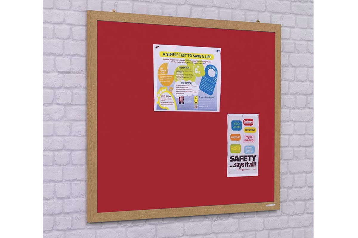 View Red Noticeboard With Wood Effect Frame Coloured Felt Surface 900mm x 600mm 2Year Guarantee Wall Fittings Included Recycled Materia information