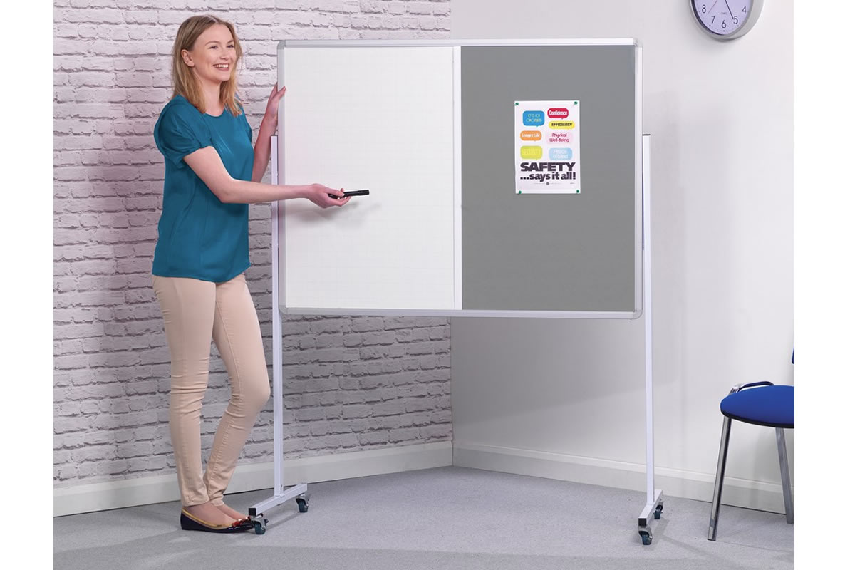 View Grey Fabric Mobile White Board With Noticeboard on Stand 900mm x 1200mm Felt Pin Noticeboard With Whiteboard For Home Office With Stand information