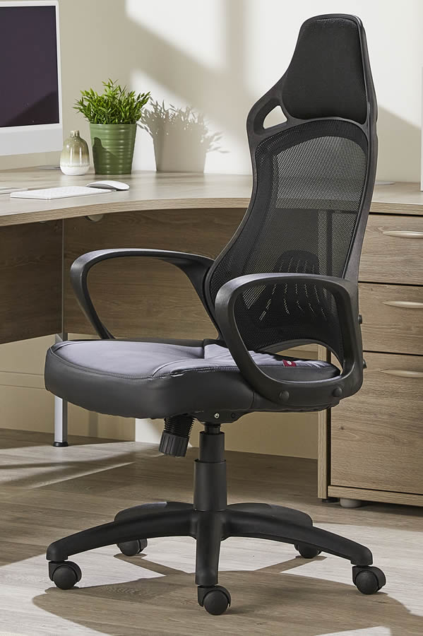 View Slim High Back Mesh Office Managers Computer Desk Chair Breathable Mesh Reclining Backrest Leather Height Adjustable Seat PU Loop Arms information