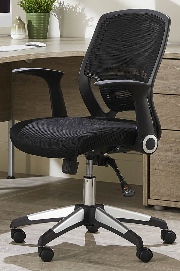 View Black Mesh Back Ergonomic Office Computer Chair FlipUp Foldaway Arms Tilt Reclining Backrest Modern Mesh Home Desk Chair information
