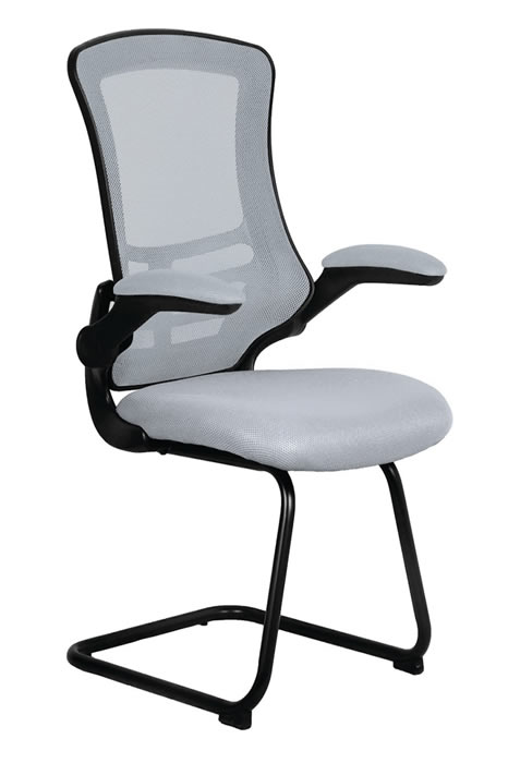 View Grey Mesh Office Visitor Chair Grey Breathable Mesh Backrest Deeply Padded Grey Fabric seat Black Steel Cantilever Frame Foldable Folding Arms information