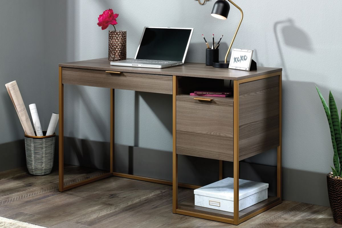 View Modern Wooden Home Office Laptop Computer Desk With Gold Metal Frame Drawer Storage Diamond Ash Wood Finish Small Home Study Desk Lux Teknik information