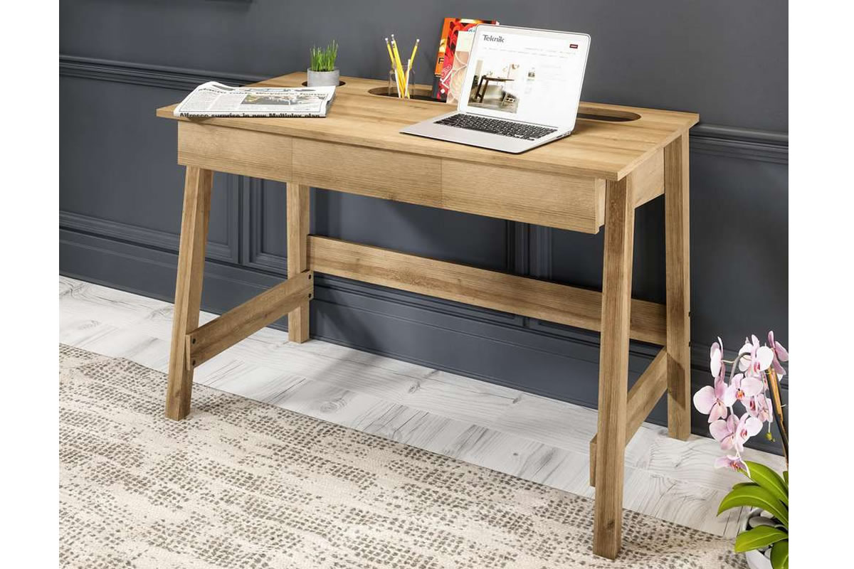 View Shaker Style Light Oak Modern Wooden Home Office Student Study Laptop Desk Angled Legs With Stretcher Support Storage Drawer Ithaca Teknik information