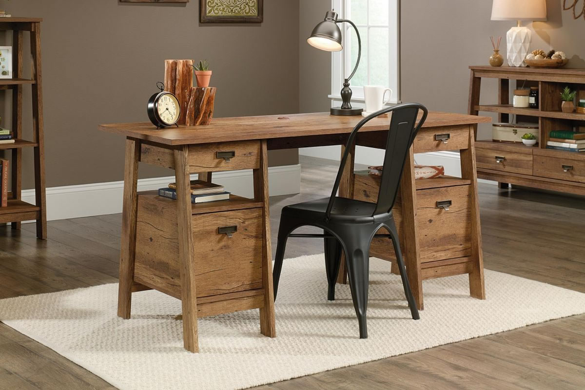View Oak Executive Trestle Style Office Desk With Filing Drawers Cable Ports information