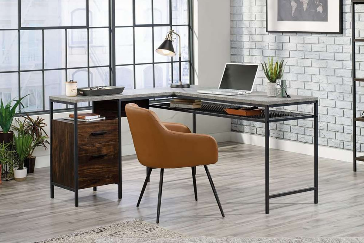 View Dark Walnut L Shaped Home Office Corner Study Desk With Light Grey Top Surface Industrial Black Steel Frame Two Storage Drawers Market information