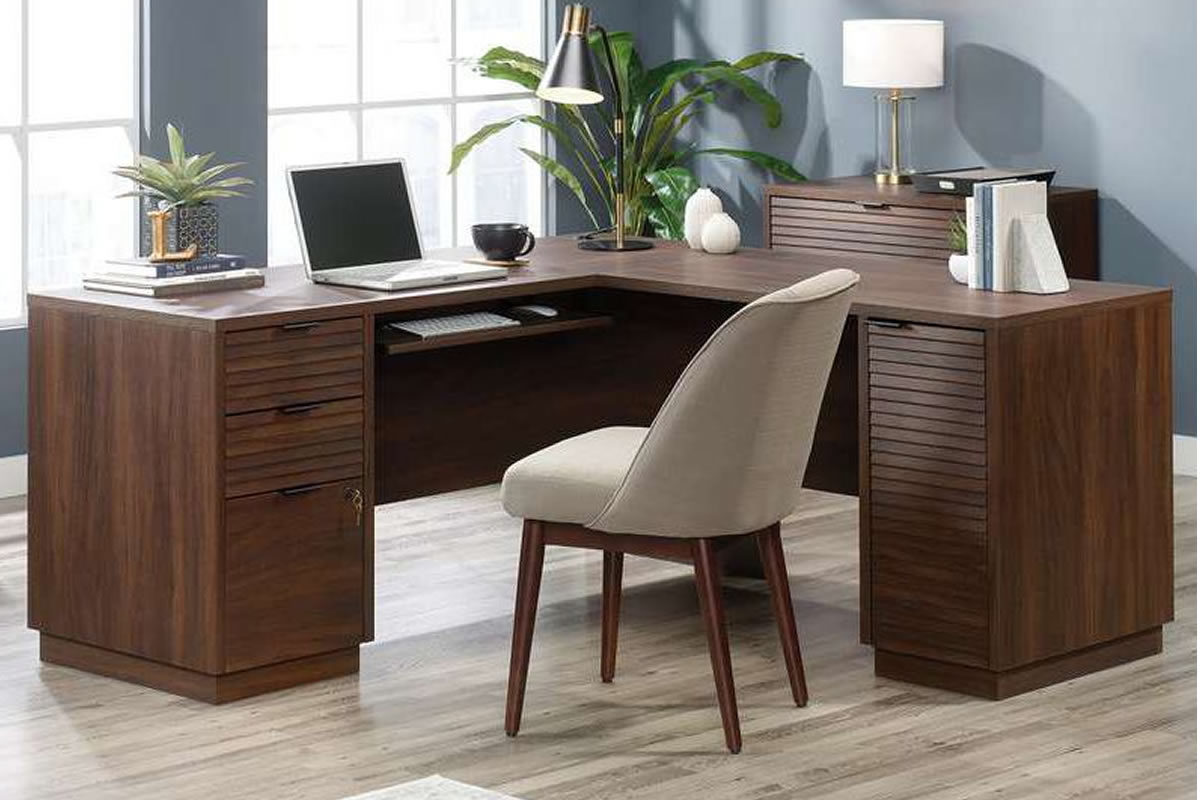 View Brown Mahogany L Shaped Corner Home Office Computer Workstation Laptop Study Desk With Storage Drawers Cupboard Sliding Keyboard Tray Elstree information
