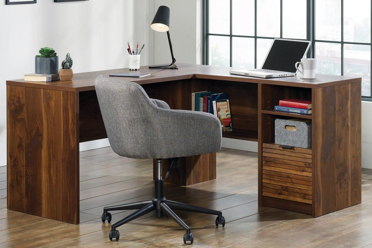 View Walnut Corner lShaped Traditional Executive Desk With Filing Drawer Storage Brass Handles Open Shelf Storage Clifton Place information