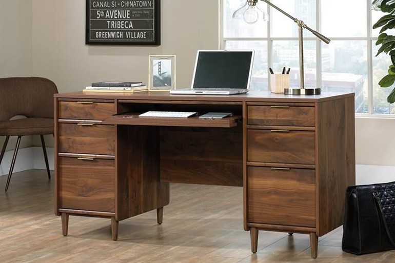 Walnut Executive Desk With Drawer Storage & Brass Handles - Clifton Place
