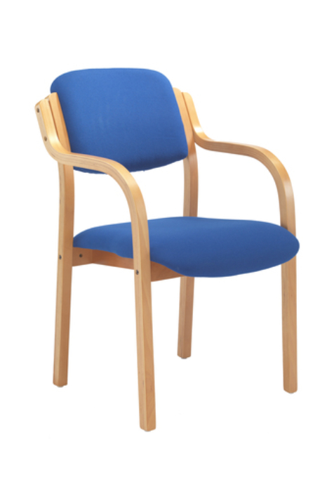 View Renoir Blue Visitor Waiting Room Conference Chair With Arms Solid Wood Laminated Frame Deeply Padded Fabric Back and Seat Strong Stacking Chair information