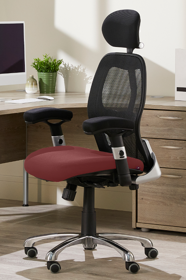 View Ergonomic High Back Mesh Home Office Chair With Headrest Deeply Padded Plum Fabric Seat Adjustable Padded Arms Modern Look Style Cobhamly information