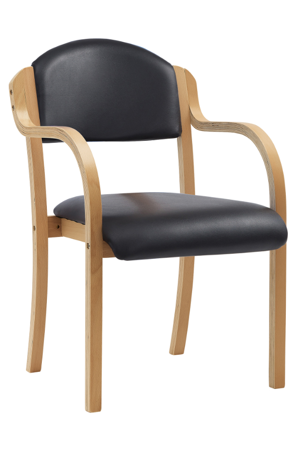 View Tahara Black Wipeable Visitor Waiting Room Conference Chair With Arms Strong Wooden Laminated Frame Deeply Padded Fabric Back and Seat information