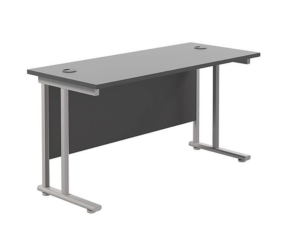 View Black Rectangular Cantilever Home Office Desk 160cm x 80cm Wide Straight Office Desk Two Cable Management Access Points Silver Cantilever Frame information