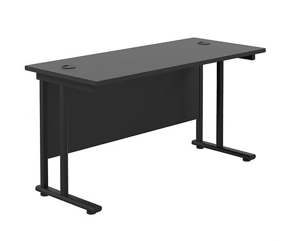 View Black Rectangular Cantilever Home Office Desk 140cm x 80cm Wide Straight Office Desk Two Cable Management Access Points Black Cantilever Frame information