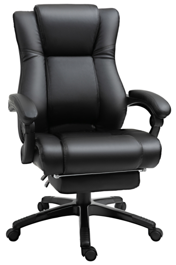 View Black PU Leather Executive Home Office Chair BuiltIn Retractable Footrest Fixed Arms Deeply Padded Seat Back And Arms Marine information