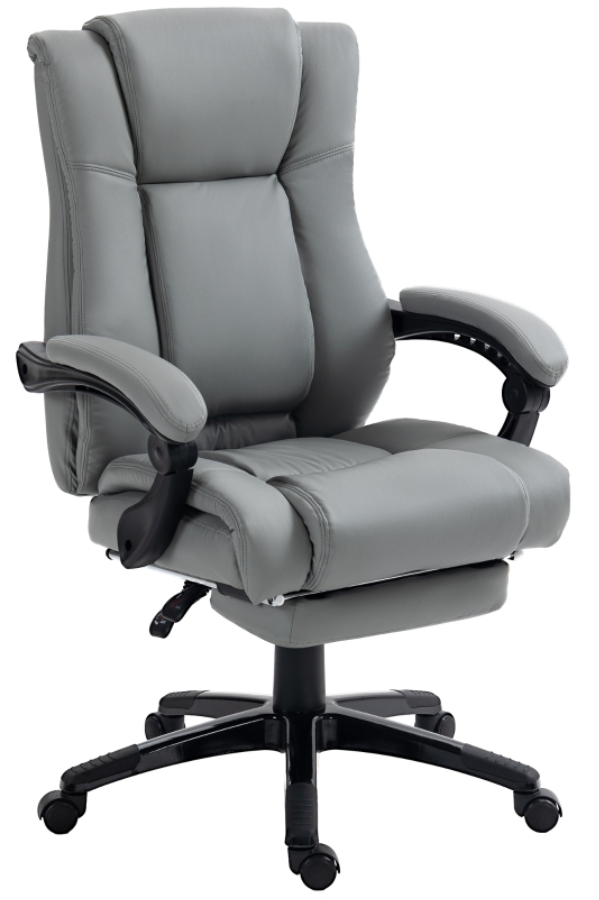 View Grey PU Leather Executive Home Office Chair BuiltIn Retractable Footrest Fixed Arms Deeply Padded Seat Back And Arms Marine information