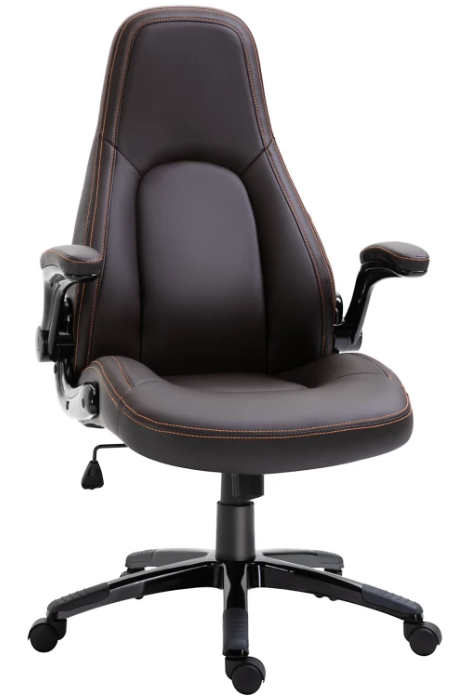 View Brown Leather Home Office Chair With Folding Arms Backrest Recline High Back Deeply Padded Executive Office Chair Weight Tested to 120kg The information