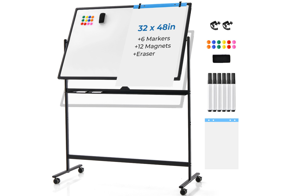 View Black Height Adjustable Magnetic DoubleSided Portable Display Whiteboard With Locking Wheels 120cm x 80cm School Office Usage Aluminum Frame information