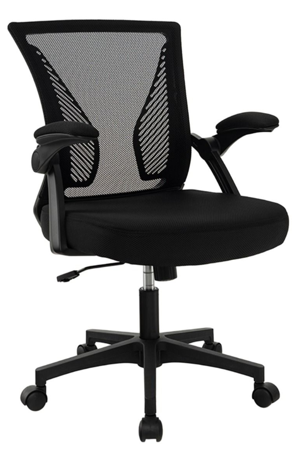 View Alberta Black Mesh Home Office Chair With FlipUp Arms HeavyDuty Weight Tested to 160kg Ergonomic Breathable Mesh Backrest Padded Fabric Seat information