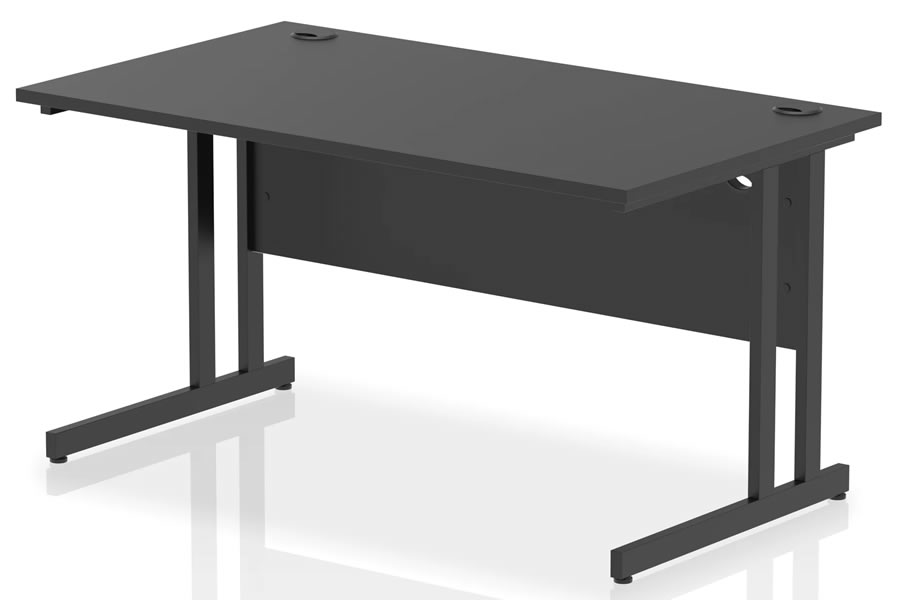 View Optima Black Rectangular Cantilever Office Desk 1400 x 800mm Wide Straight Office Desk Two Cable Management Access Points Black Cantilever Frame information